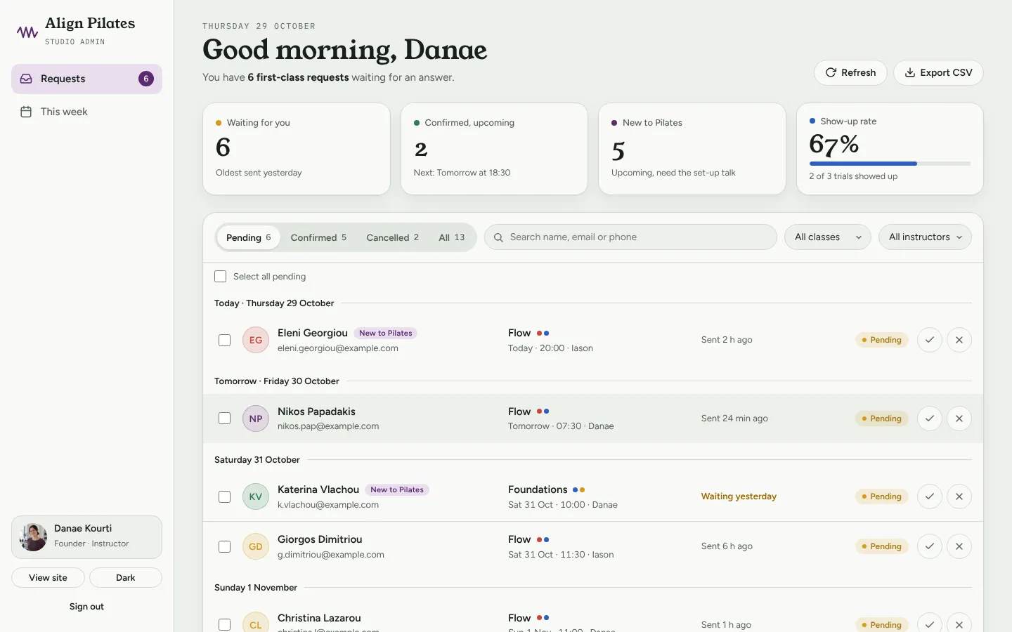 Align Pilates instructor dashboard: "Good morning, Danae", counts of waiting and confirmed trial requests, show-up rate, and a list of pending requests with confirm and cancel buttons.