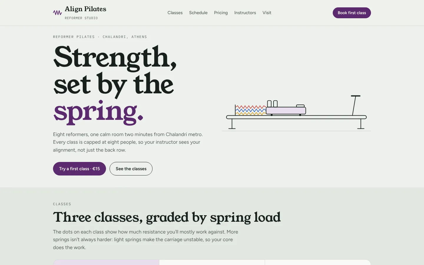 Align Pilates Studio homepage on desktop: "Strength, set by the spring." beside a line drawing of a reformer, with a button to try a first class for 15 euros.