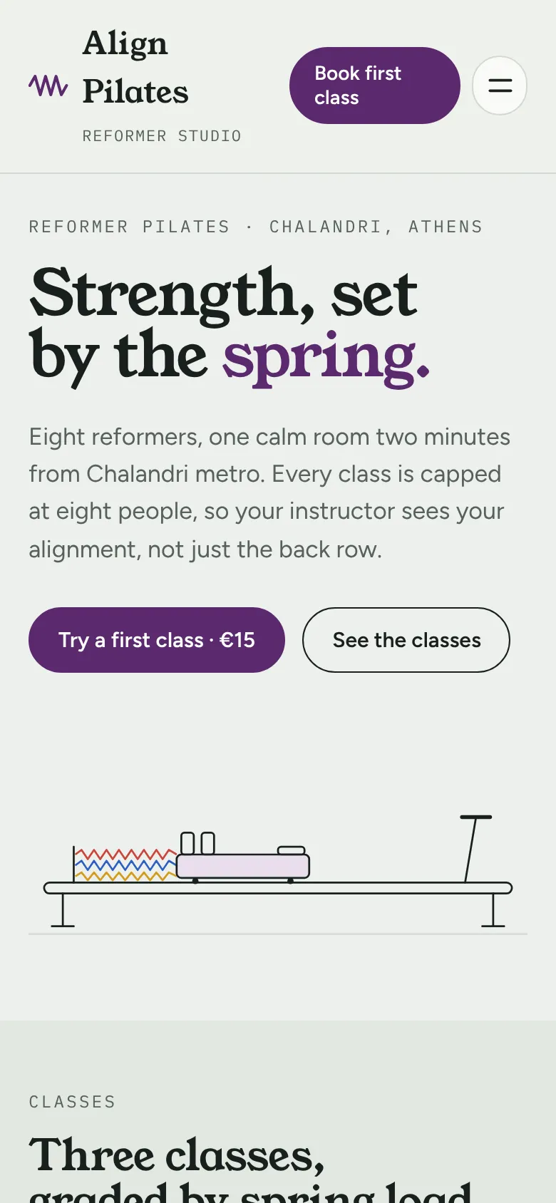 Align Pilates Studio homepage on a phone.