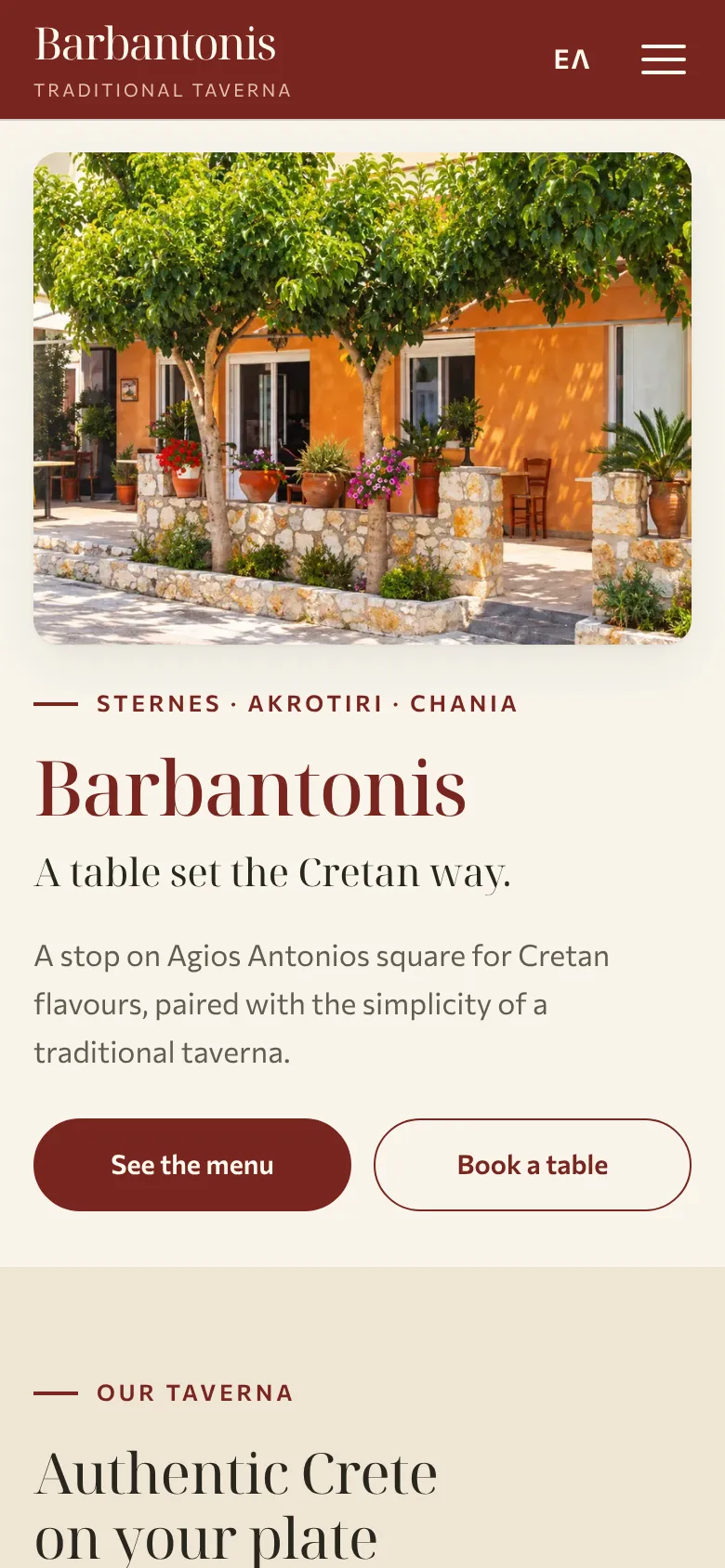 Barbantonis homepage on a phone, with buttons to see the menu and book a table.