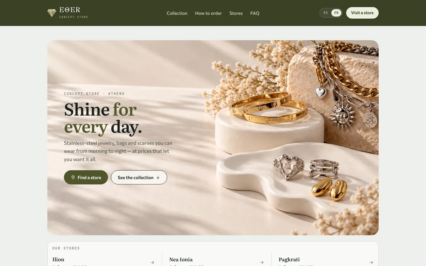 Ether Concept Store homepage on desktop: "Shine for every day" over a photo of gold and steel rings, with links to the stores and the collection.
