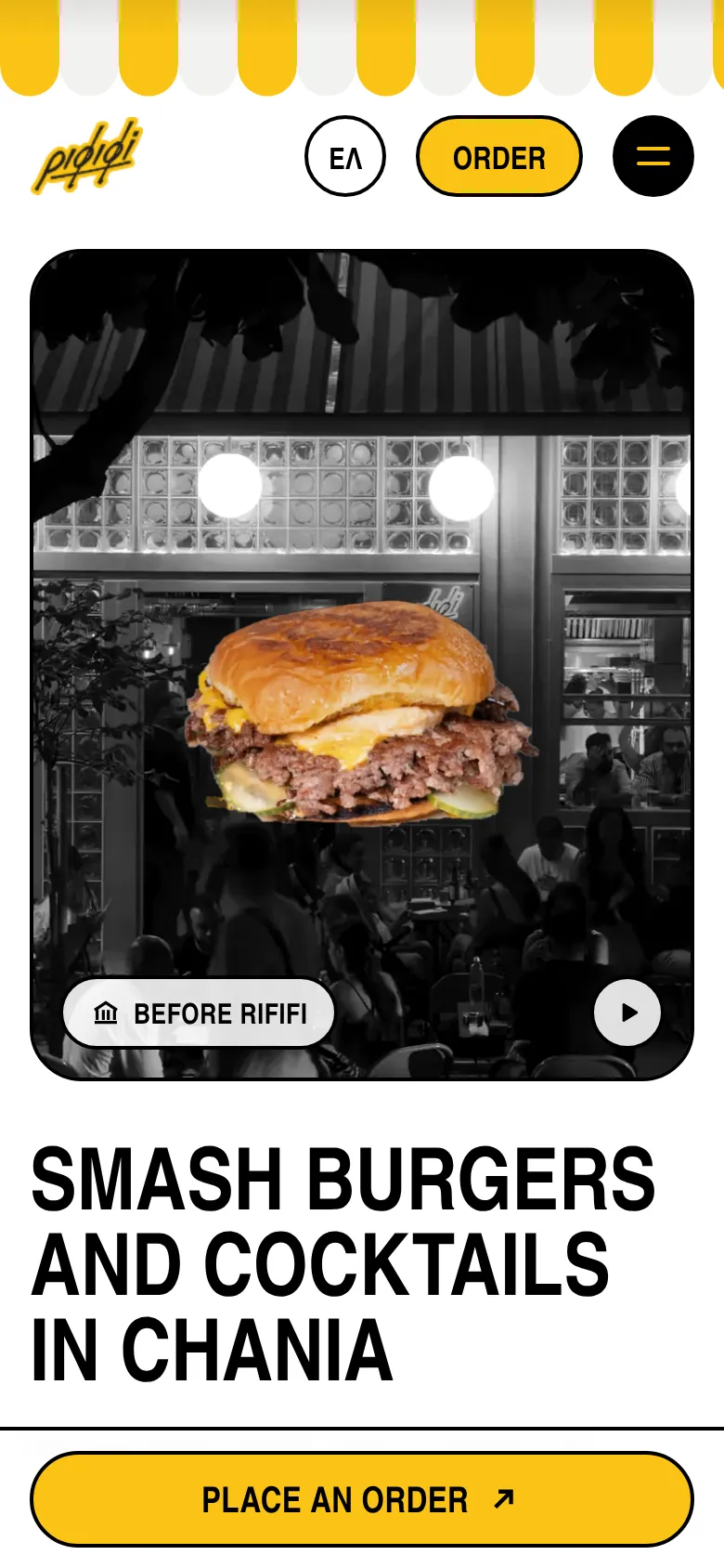 Rififi homepage on a phone, with a button to place an order.