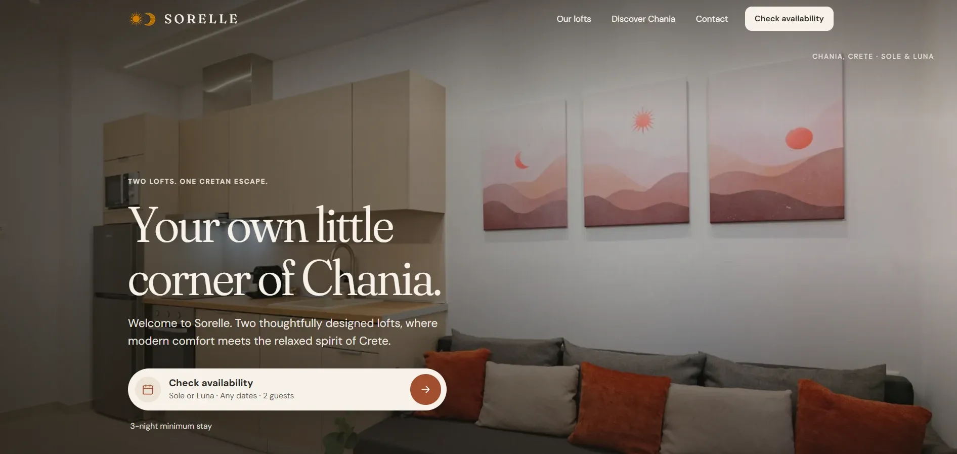 Sorelle Lofts homepage: "Your own little corner of Chania." over a photo of a loft living room, with a Check availability bar for Sole or Luna, dates and guests.