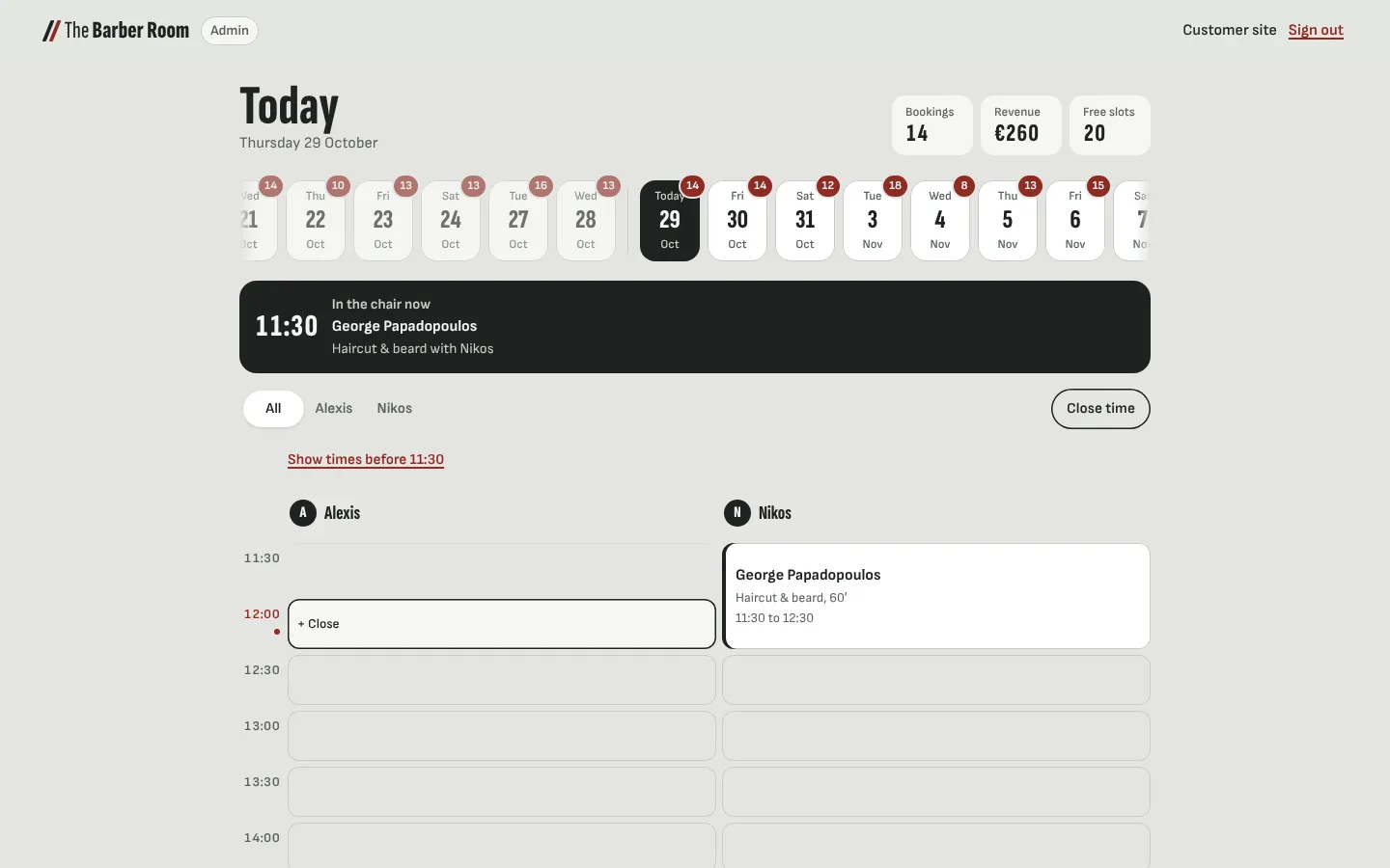 The Barber Room admin: today’s schedule split by barber, with a strip of dates, the customer in the chair now, and bookings, revenue and free slots.
