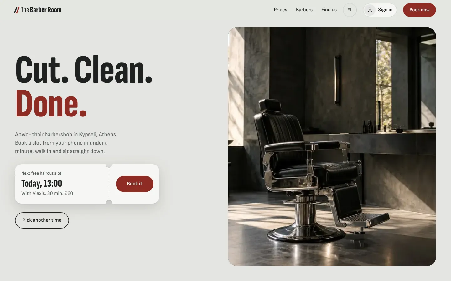 The Barber Room homepage on desktop: "Cut. Clean. Done." beside a photo of a barber chair, with the next free slot and a Book it button.