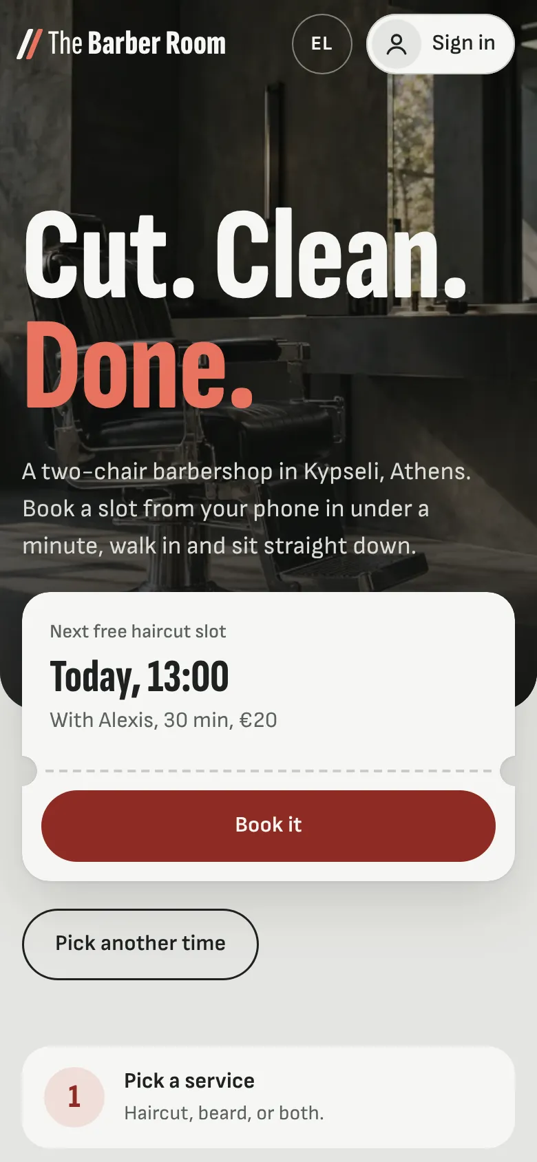 The Barber Room homepage on a phone, showing the next free slot.